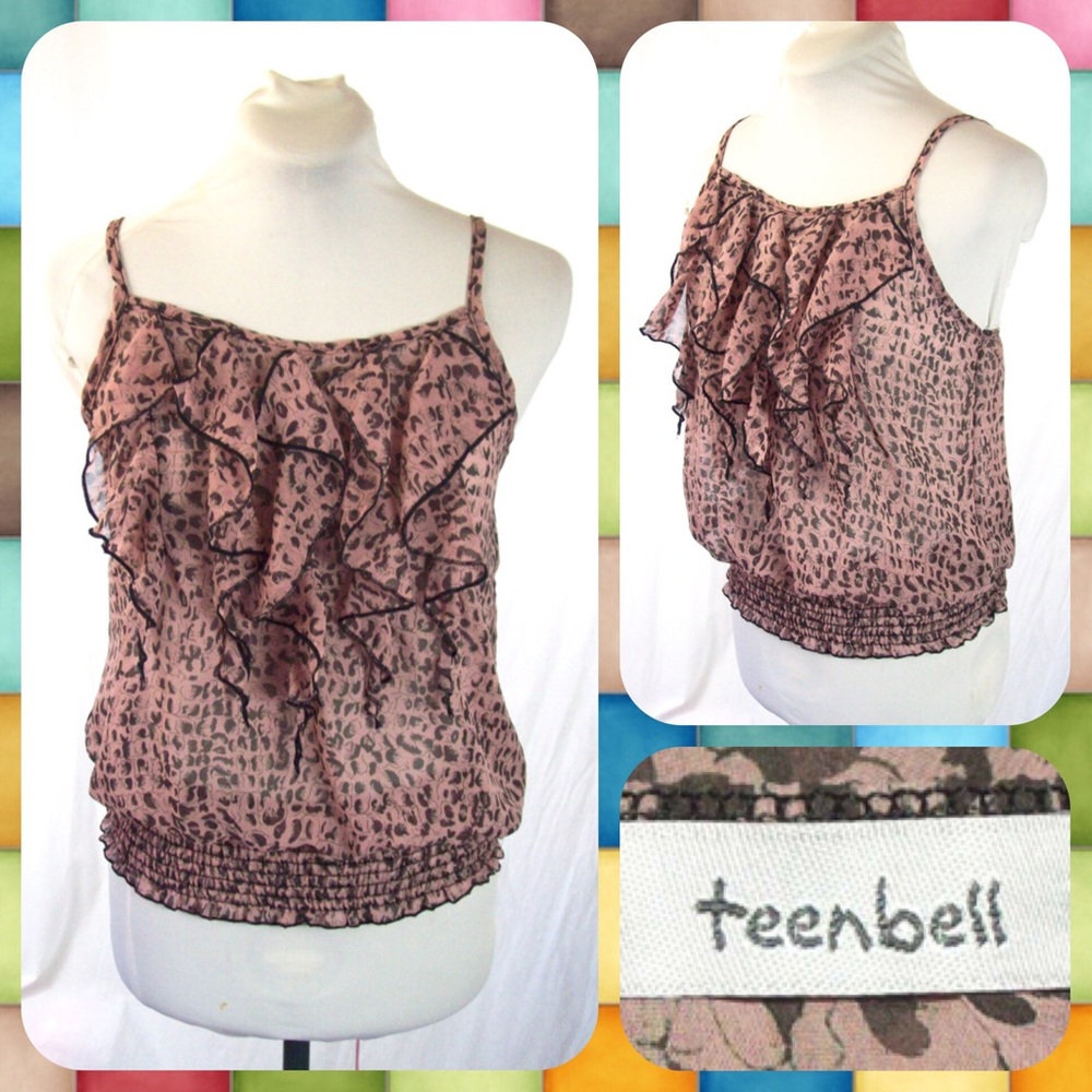 TEENBELL Sheer Pink Chiffon Leopard Print Ruffle Front Tank Top Blouse Size XS
